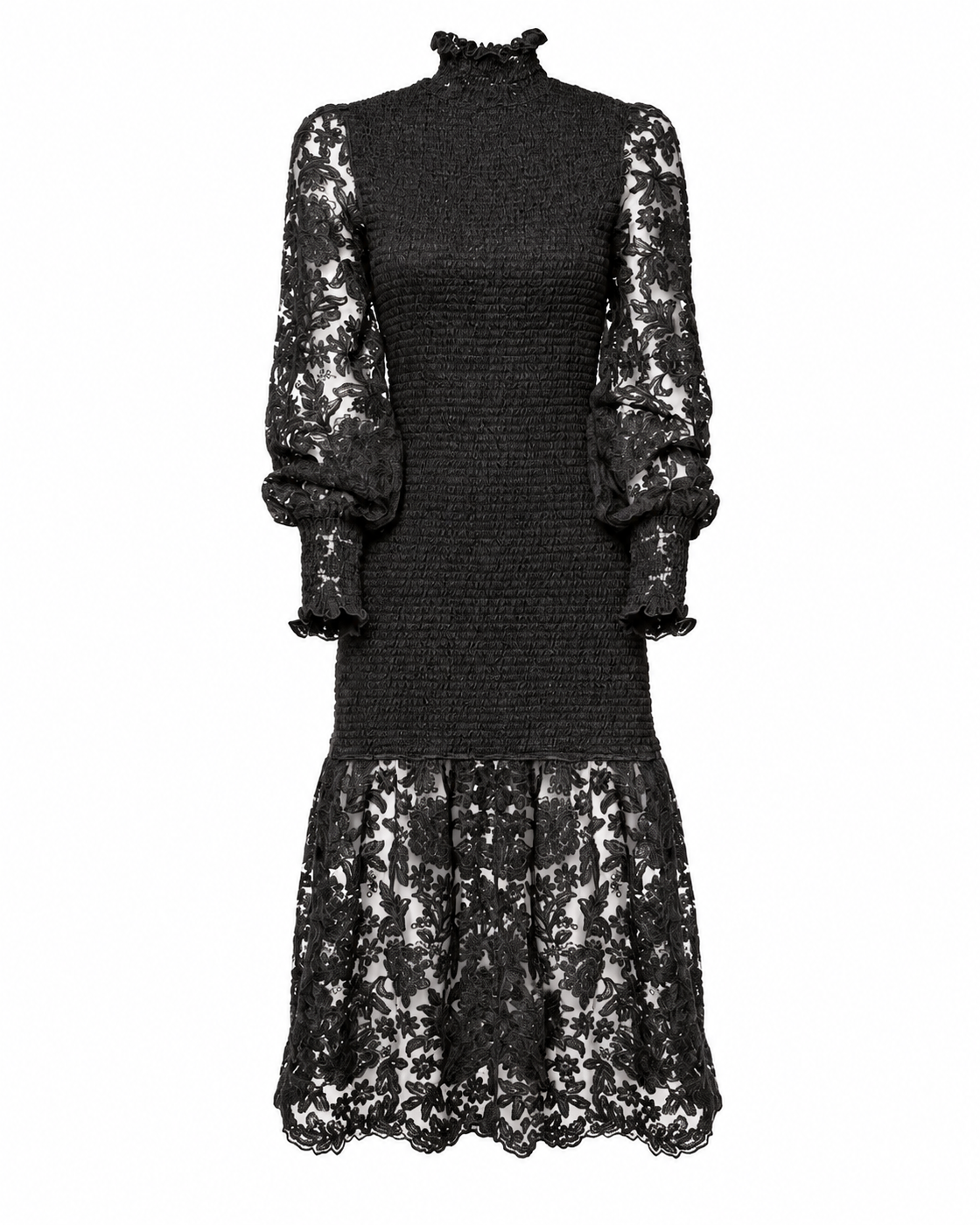 AMOSA – ABITO MIDI IN PIZZO FLOREALE CON CORPETTO SMOCK