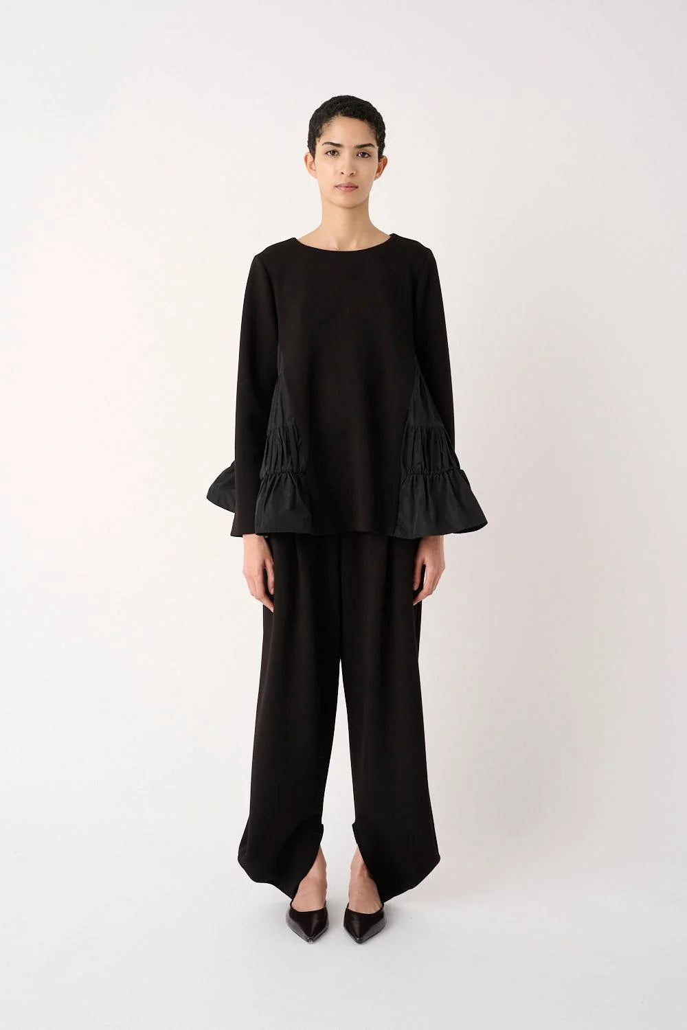 MEIMEIJ – BLUSA IN NEOPRENE CON INSERTI IN TAFFETÀ ARRICCIATO