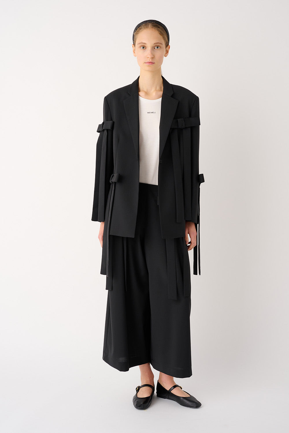 MEIMEIJ – PANTALONE AMPIO IN MISTO LANA CON FIOCCHI APPLICATI