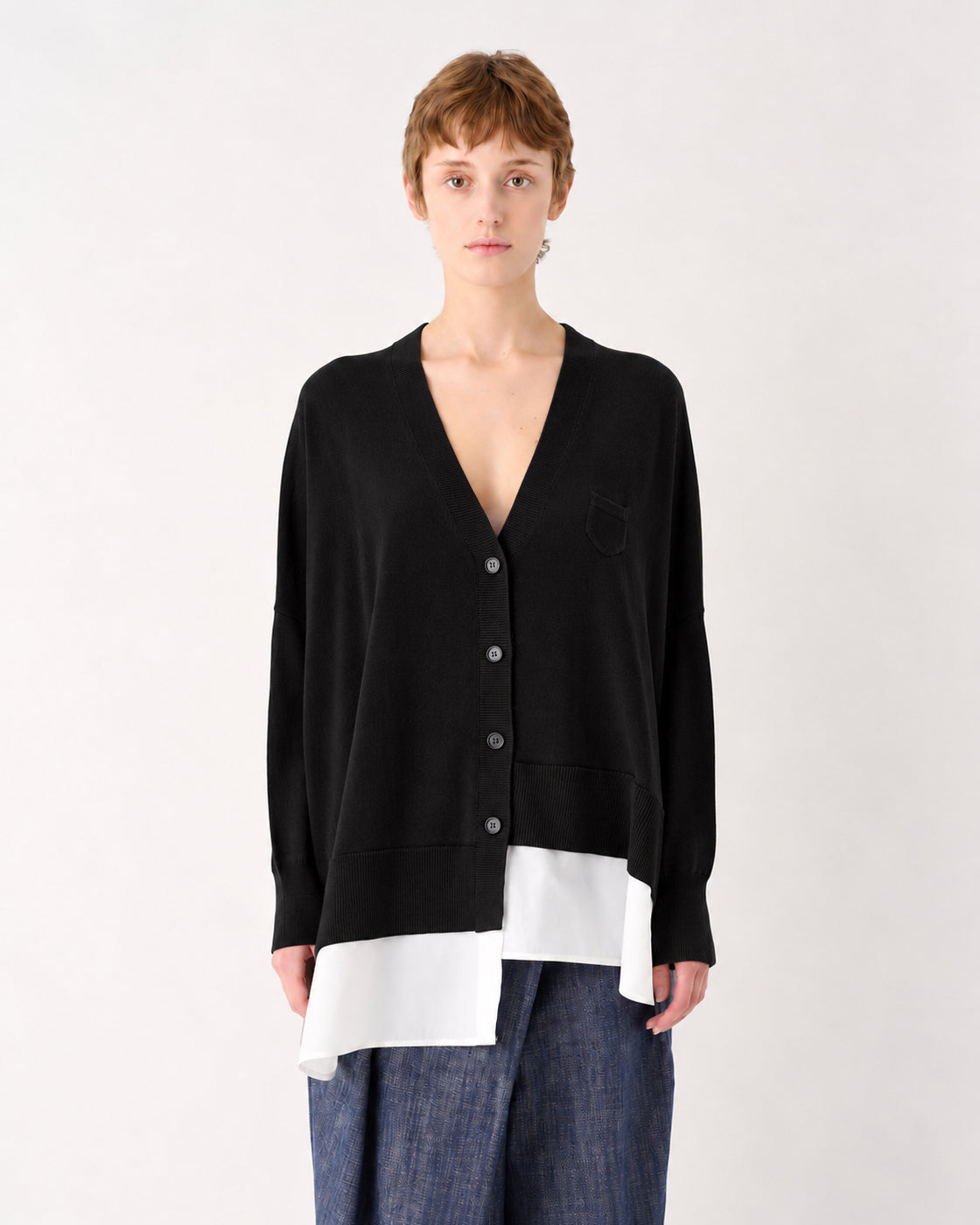 MEIMEIJ – CARDIGAN IN PURA LANA CON INSERTO IN POPELINE