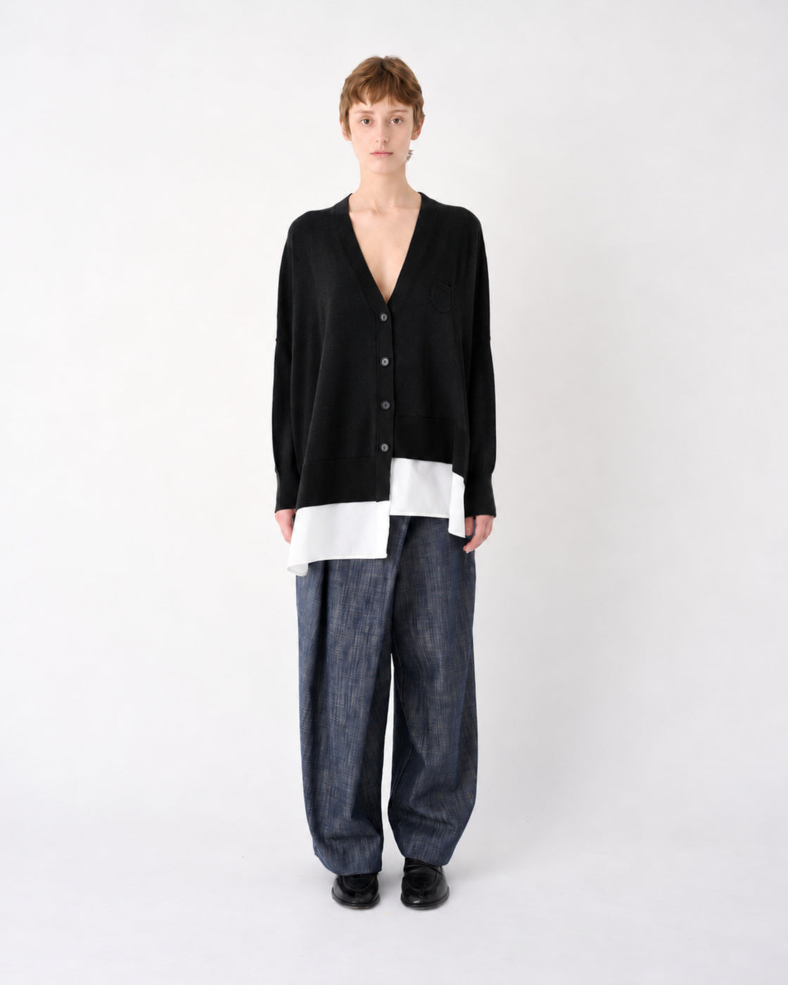 MEIMEIJ – CARDIGAN IN PURA LANA CON INSERTO IN POPELINE