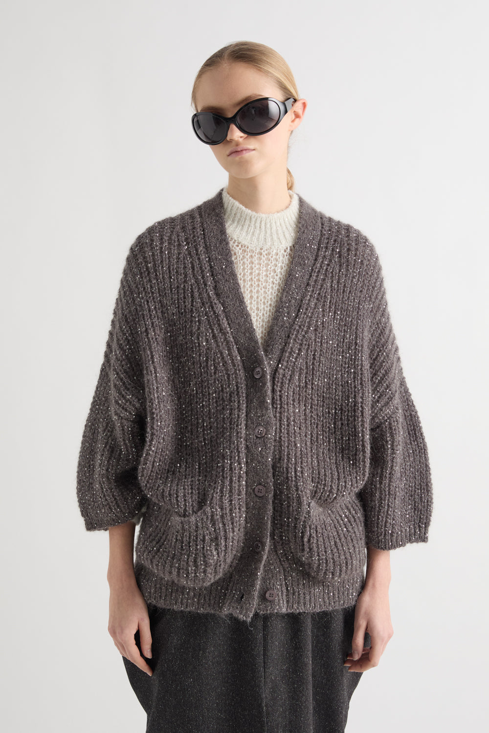 MEIMEIJ – CARDIGAN OVERSIZE SMOKE CON FILATI LUMINOSI